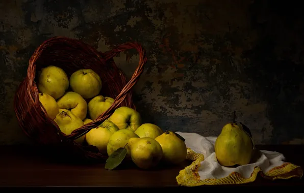 The dark background, table, towel, fruit, still life, basket, pear, quince