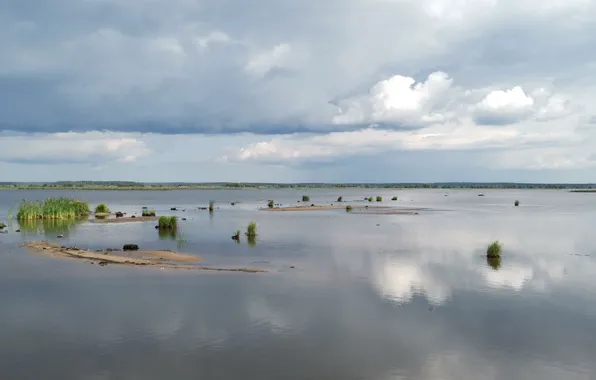 The sky, Water, Sand, Nature, Clouds, Grass, Lake, Bay