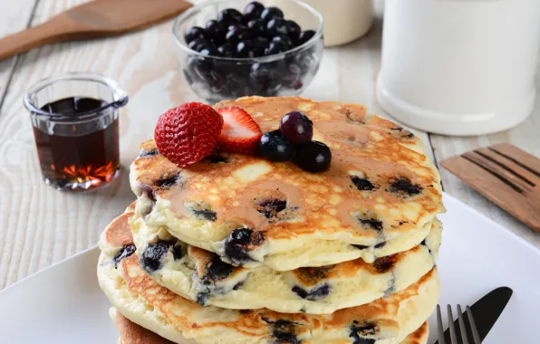 Berries, blueberries, pancakes, cakes, berries, breakfast, pancakes