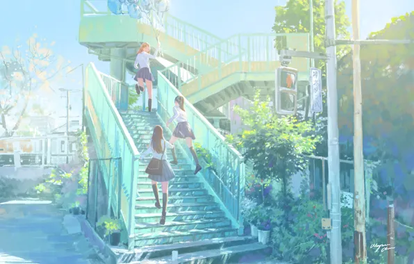 The city, traffic light, ladder, Schoolgirls, balloons
