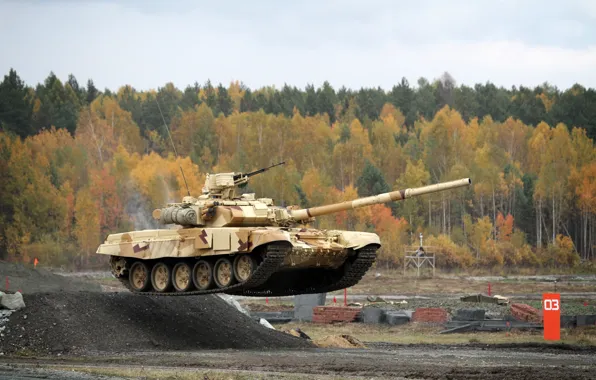 Picture forest, flight, jump, Tank, Russia, jump, T-90, T-90S