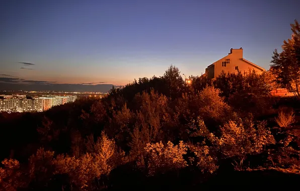 Sunset, The sky, Lights, Night, The city, Horizon, Hill, Height
