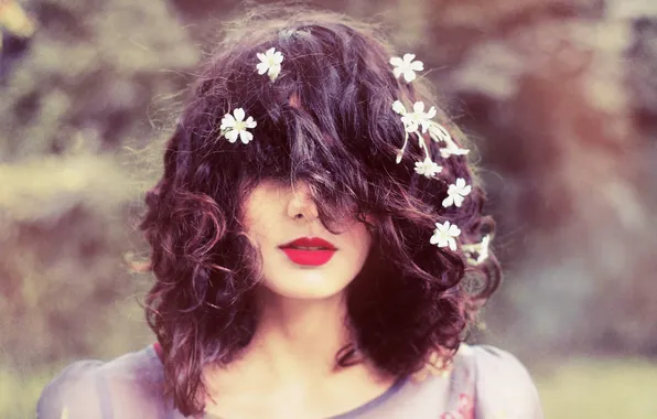 Picture girl, flowers, brown hair, curls