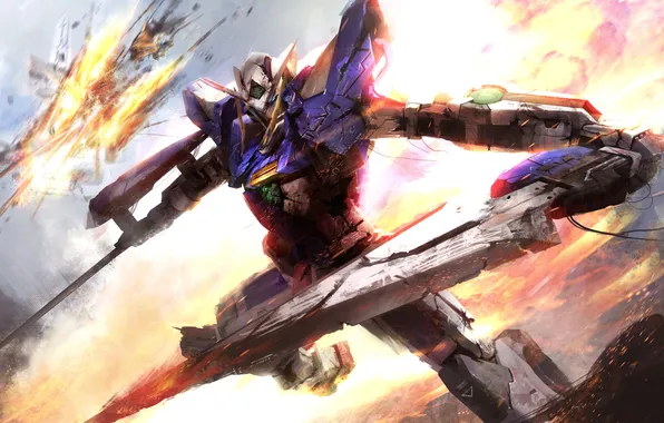 Picture flight, explosions, mech, Gundam