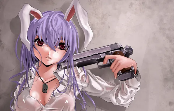 Girl, gun, weapons, wall, shirt, ears, touhou