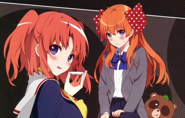 Look, blush, red, bow, Schoolgirls, crossover, The gekka Shoujo Nozaki-kun, Chi Got Sakura