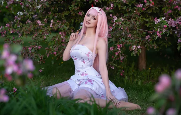 Girl, pink hair, dress, nature, anime, flowers, model, cosplay