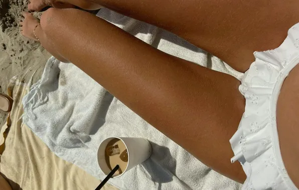 Sand, beach, swimsuit, summer, girl, slender legs, tanned legs