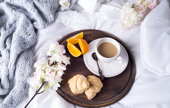 Coffee, Cup, bed, tulips, flowers, romantic, coffee cup, croissants
