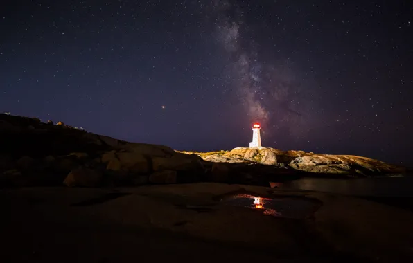 Picture stars, light, night, lights, darkness, rocks, shore, lighthouse