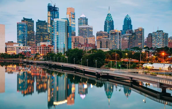 Picture the city, river, building, skyscrapers, Philadelphia, river, Philadelphia, Schuylkill