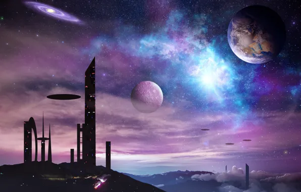 The sky, space, clouds, light, flight, mountains, the city, future