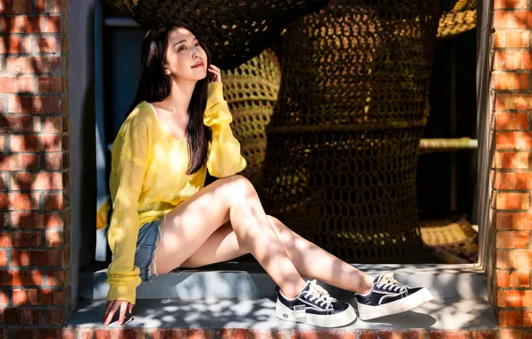 Shorts, Feet, Asian, Blouse, Sitting, Sneakers