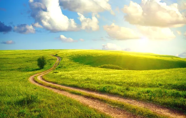 Road, summer, the sky, grass, the sun, clouds, landscape, country