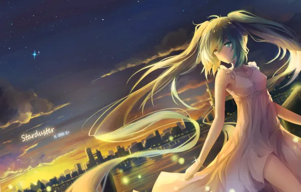 The sky, girl, stars, clouds, night, the city, home, anime