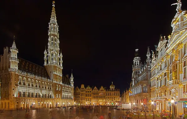 Night, lights, Belgium, Brussels, town hall, La Grand-place, Brabant Gothic
