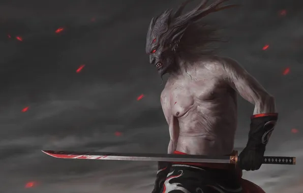 Picture blood, sword, sparks, The demon, red eyes