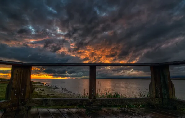 Picture the sky, grass, water, clouds, river