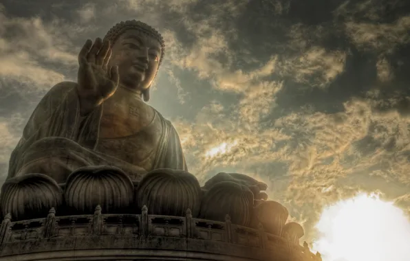 Picture the sky, the sun, clouds, statue, Buddha