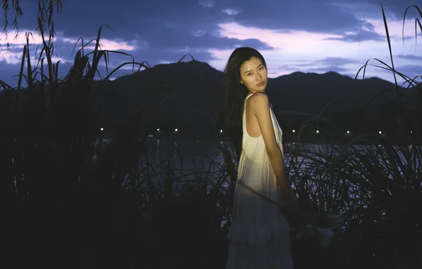 Dark, Light, Grass, Beautiful, Asian, Model, Mountain, Night