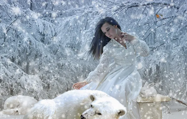 Winter, girl, snow, trees, rabbit, bear, Fox, polar bear