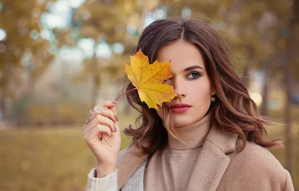Picture autumn, look, girl, Park, model, makeup, autumn mood, sheet in hand