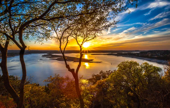 The sky, the sun, clouds, trees, sunset, lake, USA, Austin