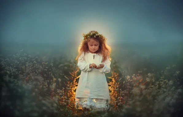 Field, glow, meadow, girl, wreath, Lyubov Pyatovskaya