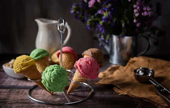 Flowers, ice cream, pitcher, still life, stand, waffle cone