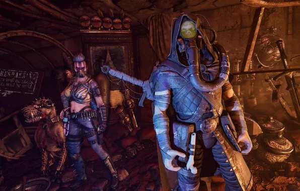 The game, dog, sword, the suit, ruins, warhammer, shooter, Necromunda: Hired Gun
