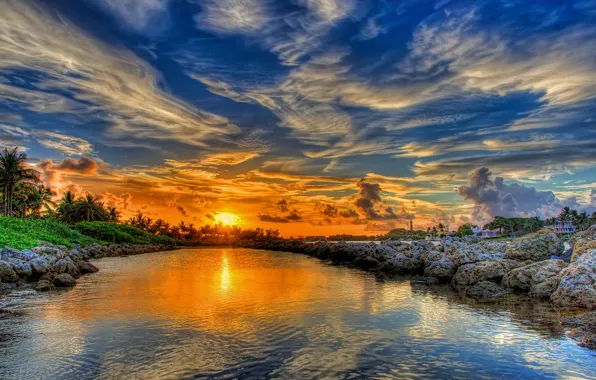 The sky, water, clouds, landscape, sunset, nature, river