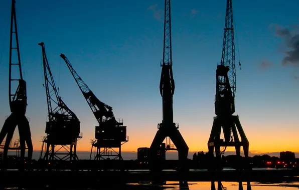 Sunset, port, loading, cranes, Sakhalin, cargo