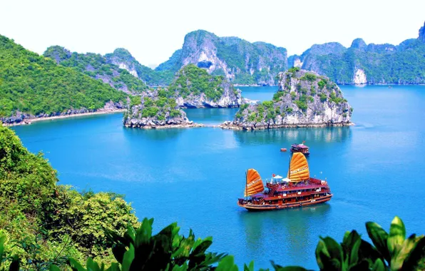 Sea, mountains, ship, Bay, Vietnam, Halong