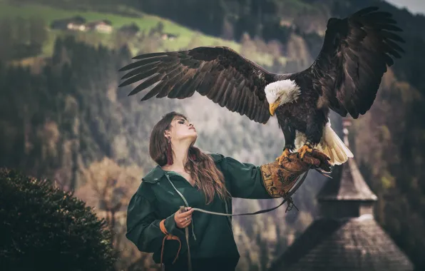 Forest, girl, mountains, nature, pose, the dark background, bird, eagle