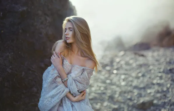 Picture sea, white, look, girl, pose, rocks, portrait, hands