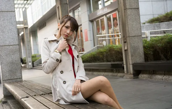 Asian, cutie, asian, cutie, asian girls, sitting on a bench, city photo shoot, asian girls