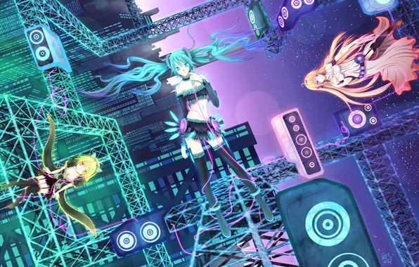 Picture the sky, stars, clouds, night, girls, art, microphone, vocaloid