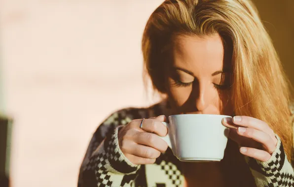 Girl, tea, coffee, morning, blonde, Cup