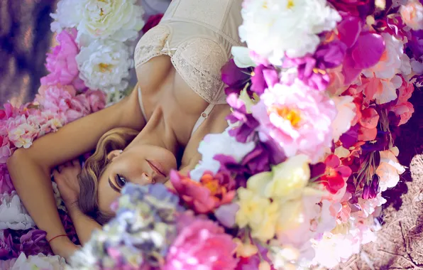 Picture flowers, Girl, Chest, Pink, Corset, Peonies, the soloist of via gra