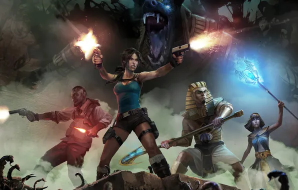 Weapons, smoke, shot, team, staff, Lara Croft, Scorpions, tomb raider