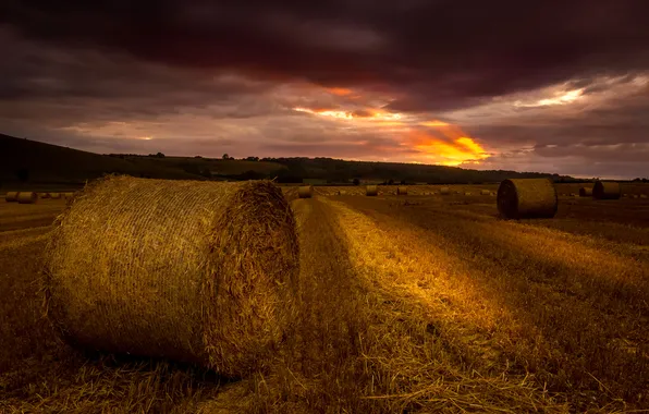 Field, sunset, the evening, stack, hay