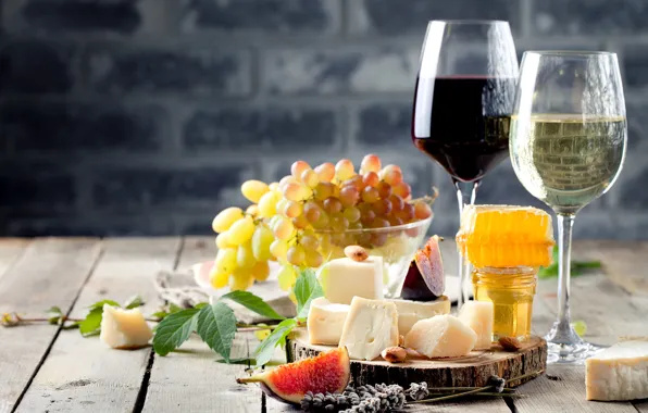 Wine, glasses, honey, grapes, honey, grapes, cheese, figs