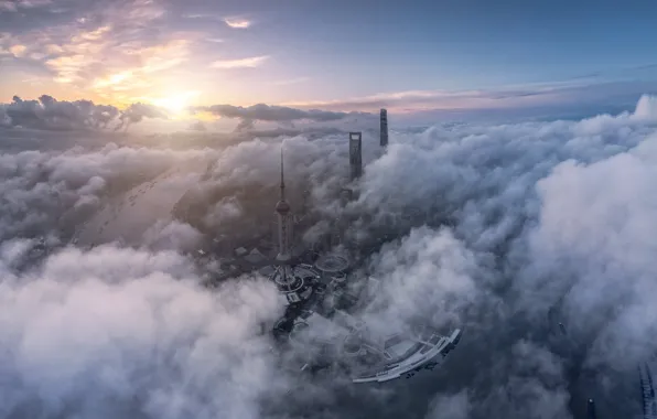 The sky, the sun, clouds, the city, fog, dawn, view, building