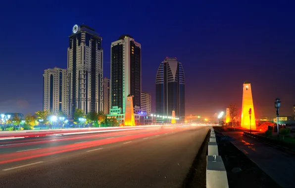 Road, night, the city, Russia, skyscrapers, Chechnya, terrible, Grozny City