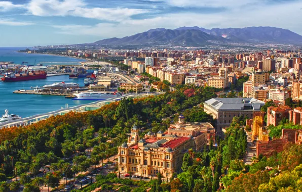 Sea, mountains, palm trees, home, ships, port, panorama, Spain