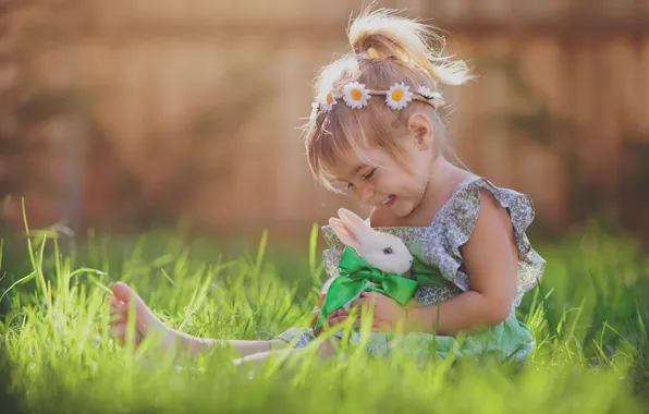 White, grass, childhood, pose, smile, glade, child, chamomile