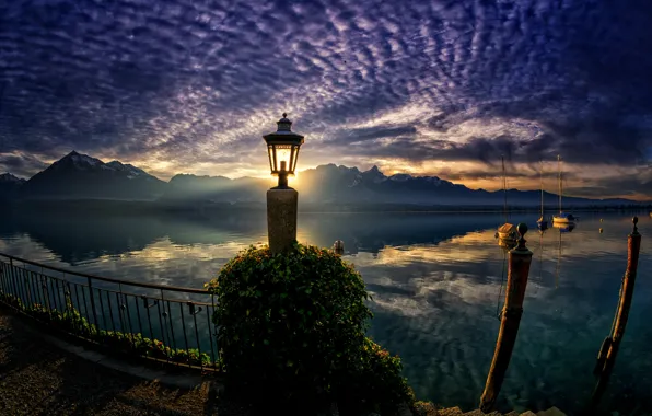 Landscape, sunset, mountains, nature, boats, Switzerland, lantern, Lake Thun