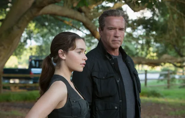 Picture fiction, frame, Arnold Schwarzenegger, Emilia Clarke, Emilia Clarke, Arnold Schwarzenegger, Terminator: Genisys, Terminator: Genesis