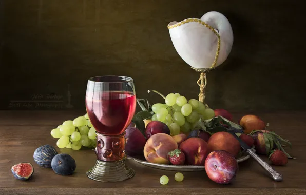 Wine, glass, shell, strawberry, grapes, still life, plum, peach