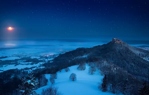 Winter, night, castle, the moon, stars, Winter, Fairy tale